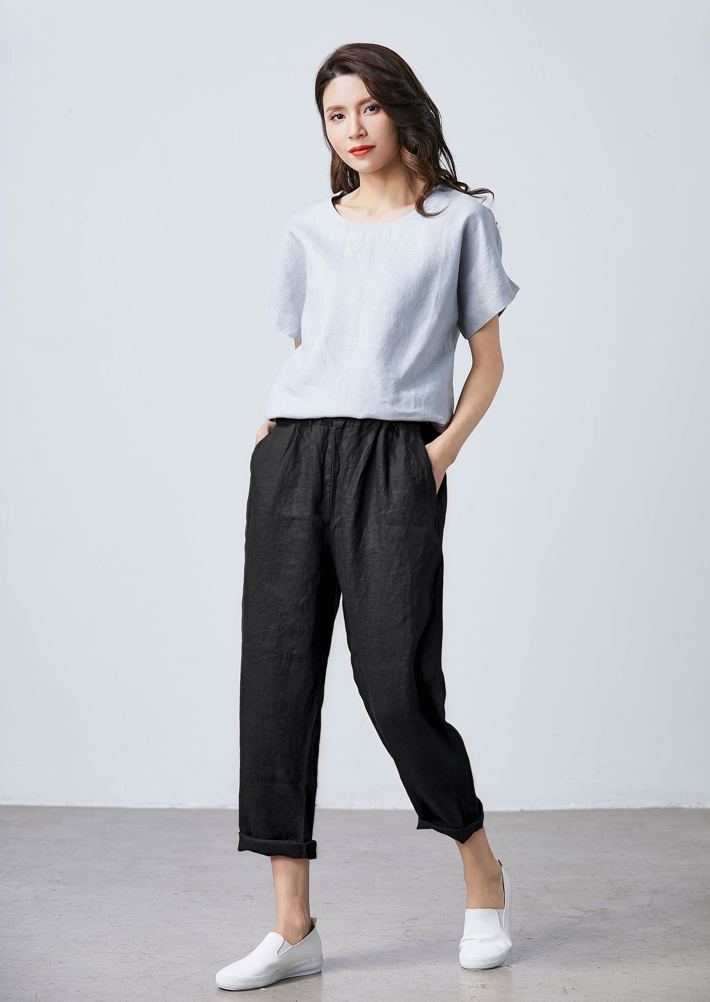 Linen Cropped Pants: Tapered Loose Fit with Elastic Waist, Ylistyle C5325