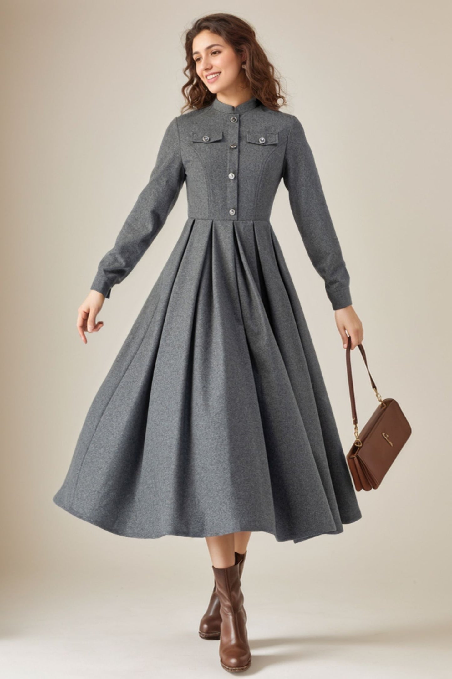 Autumn/winter Gray Wool Dress C4316