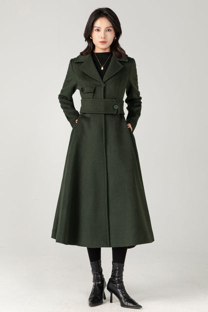 Green Wool Coat: Women’s Tailored Belted A-Line Winter Overcoa C5336