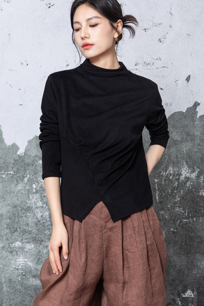 Black Cotton Blouse - Long Sleeve Mock Neck with Asymmetric Hem c5463