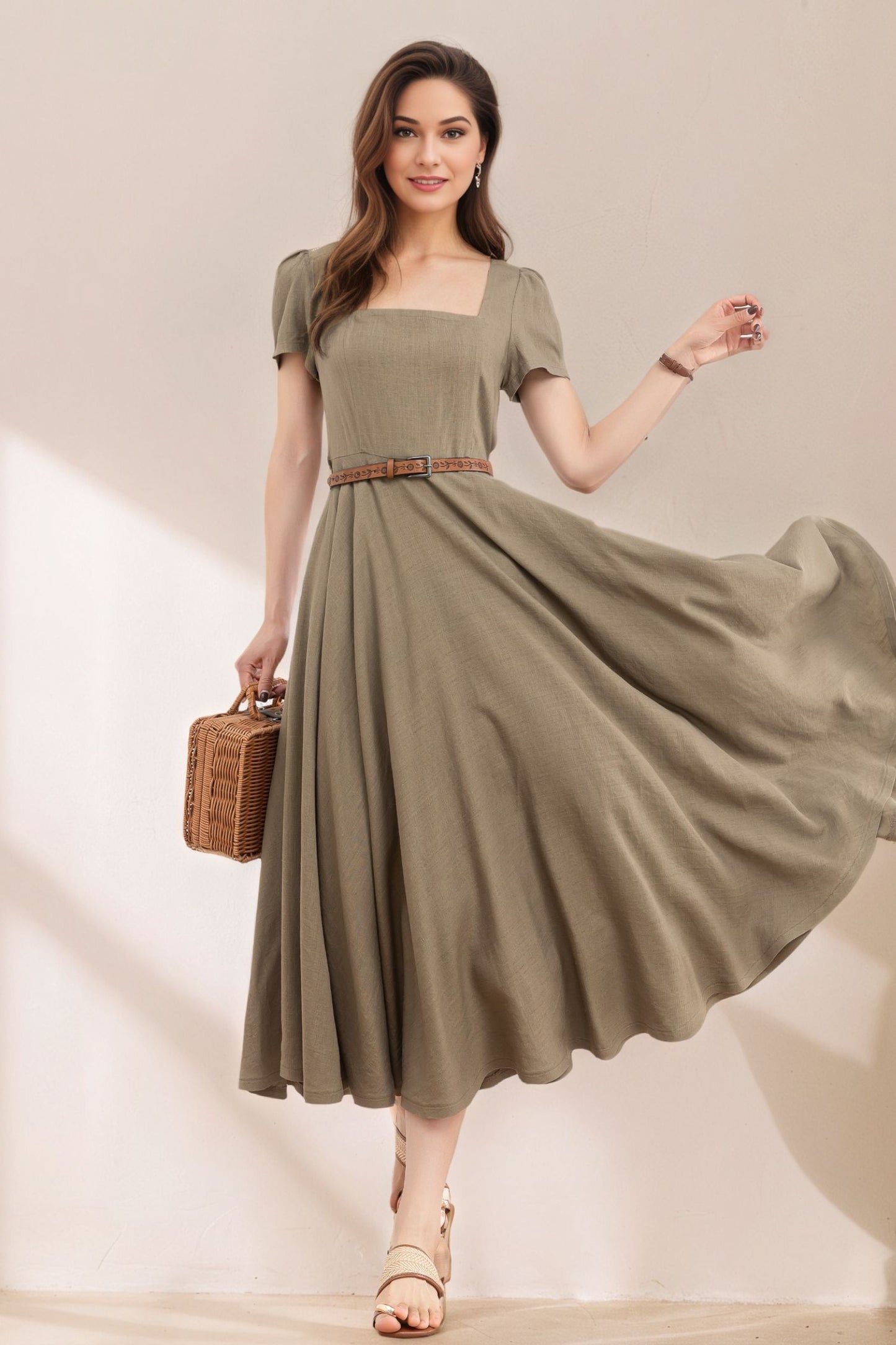 Womens Summer Green Linen Dress c5387
