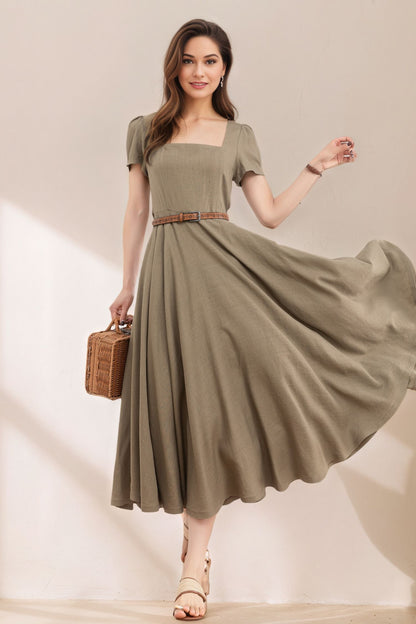 Womens Summer Green Linen Dress c5387