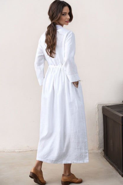 White Linen Casual Long Sleeve Drawstring Waist Dress C4617