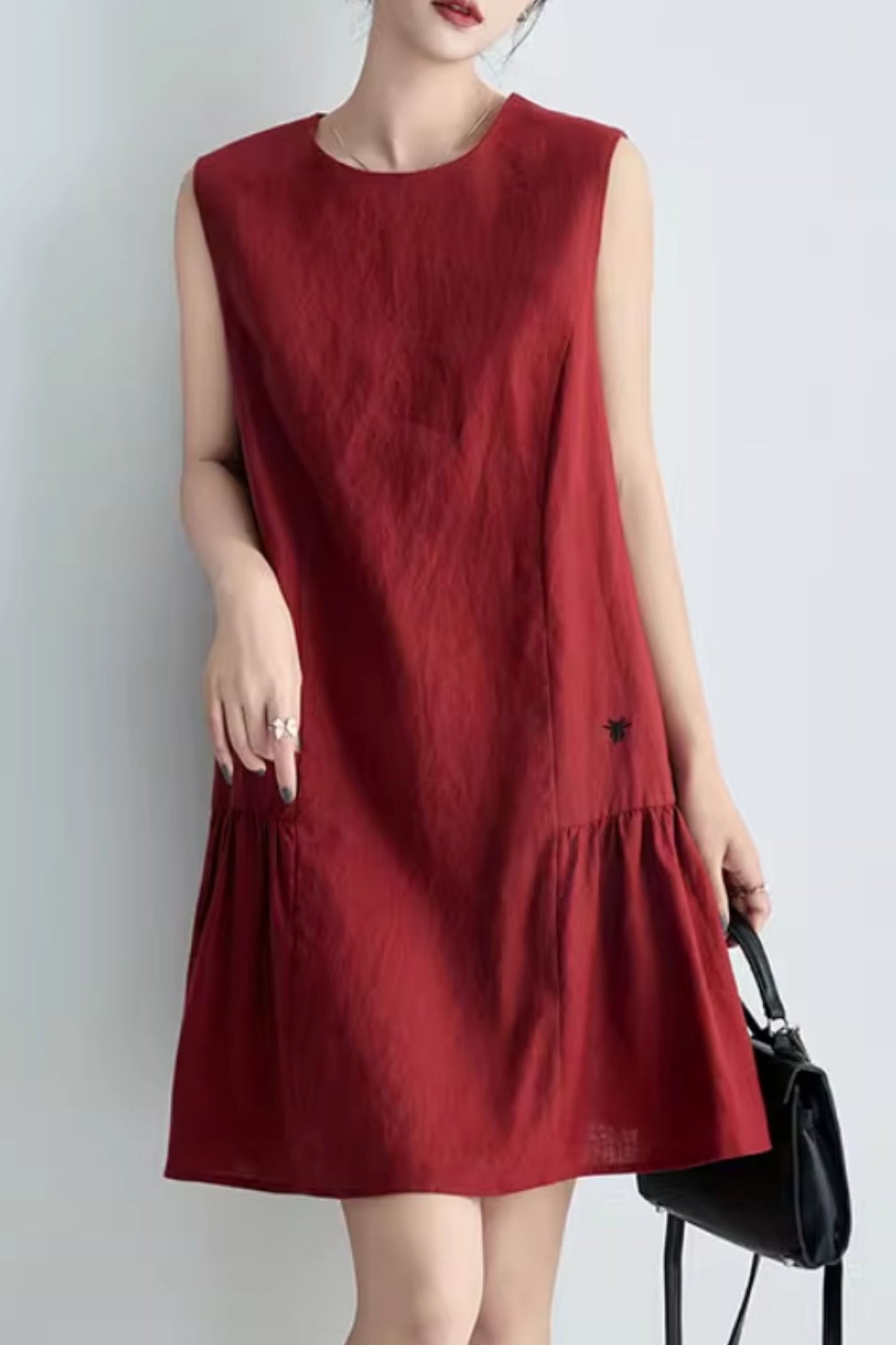 Burgundy womens summer short linen dress C5063