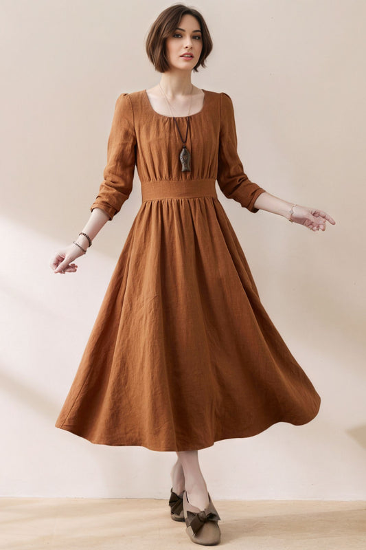 fit and flare Pleated Linen Dress, High Waist Linen maxi Dress with Tie Bow C5385