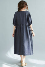 Load image into Gallery viewer, Natural Half Sleeve Linen Midi Dress in Navy C2113
