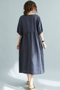 Natural Half Sleeve Linen Midi Dress in Navy C2113