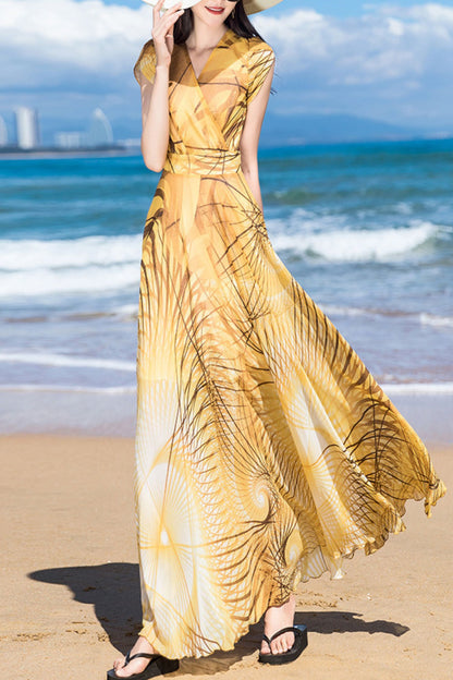 Yellow chiffon print dress C4093