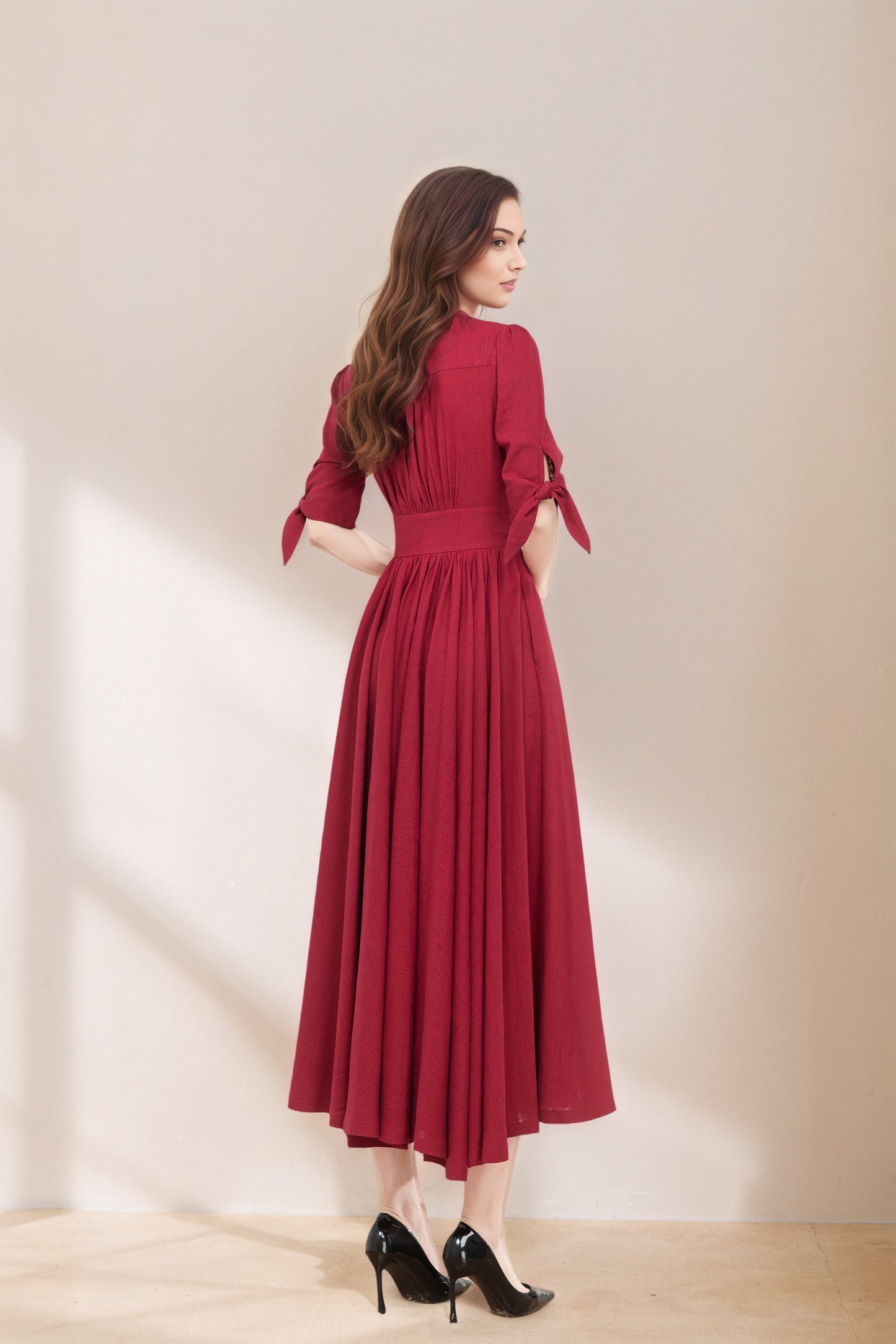 Burgundy fit and flare linen dress C5368