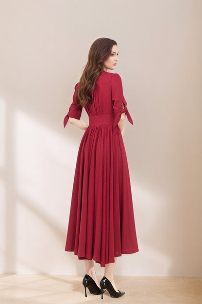 Burgundy fit and flare linen dress C5368