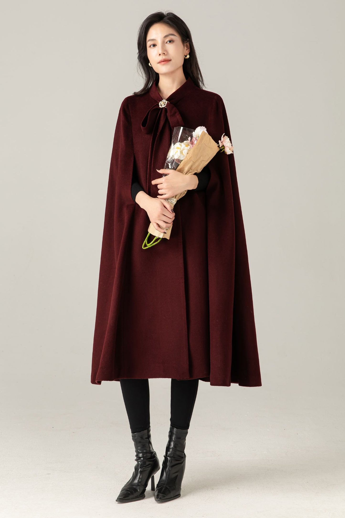 Burgundy Wool Blend Cape Coat: Women Long Winter Cape Outerwear, Ylistyle C5378