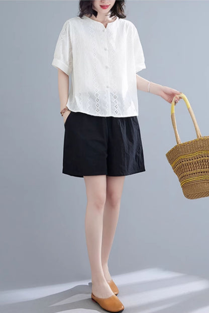 Button front embroidery blouse top C5047