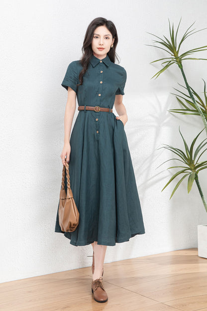 Button Front linen Midi shirt dress C4767