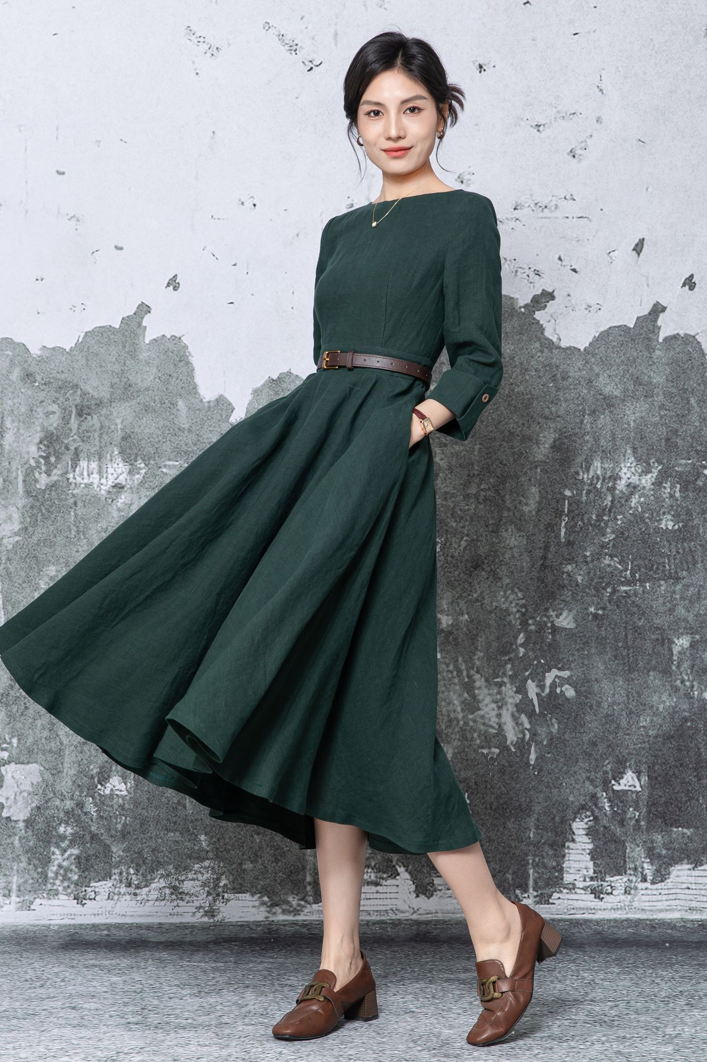 Dark Green Linen Midi Dress - Fit & Flare A-Line with Pockets c5460