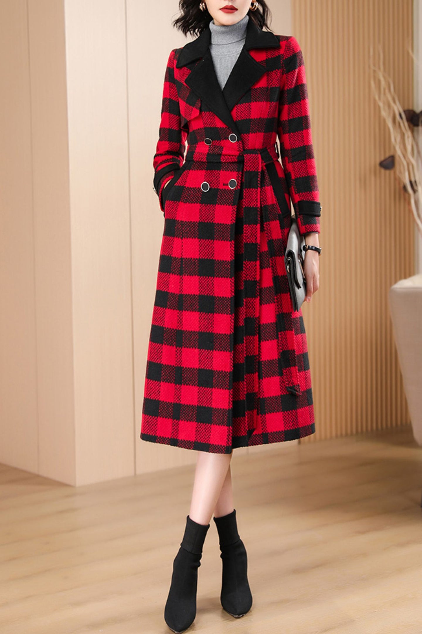 Women's Autumn and winter red plaid wool coat C4210