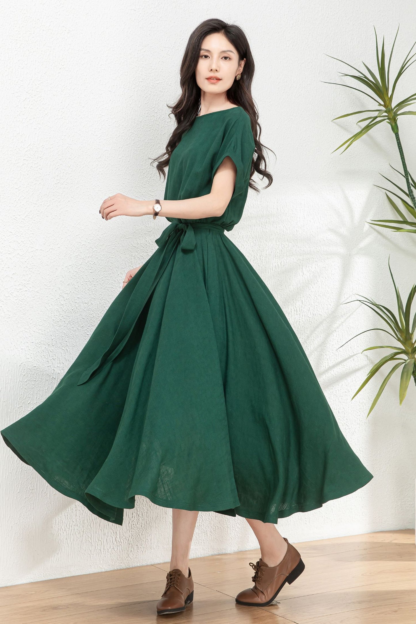 Linen midi swing green dress C4770