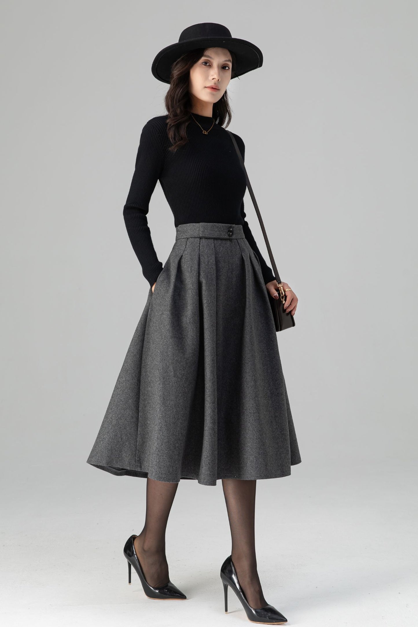 Winter Warm Pleated Midi High Waist Wool Skirt C5200