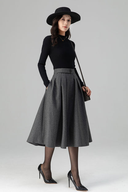 Winter Warm Pleated Midi High Waist Wool Skirt C5200