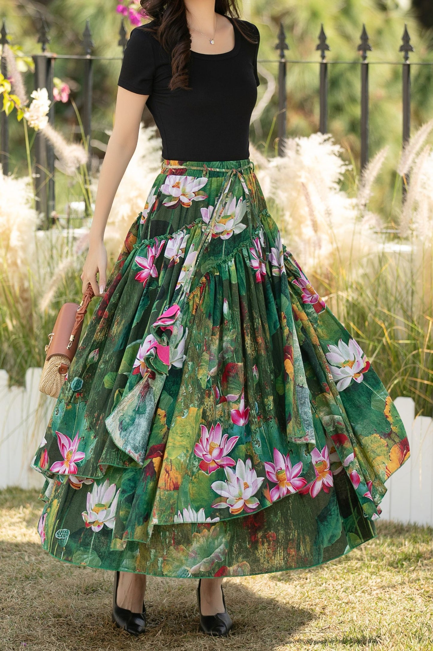 Green Floral Linen Cotton Maxi Skirt with Elastic waistband – High Waisted Pleated Full Skirt for Women, Ylistyle C5438