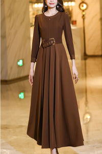 Brown long-sleeved round neck long dress C4180