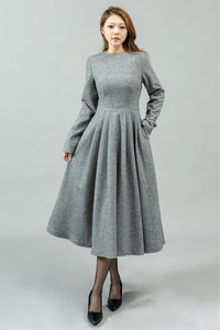 Gray swing long winter wool dress C4442