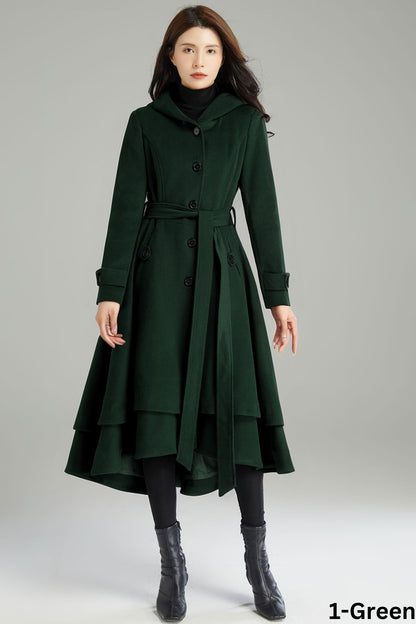 Winter Asymmetrical Green Hooded Wool Coat C4405