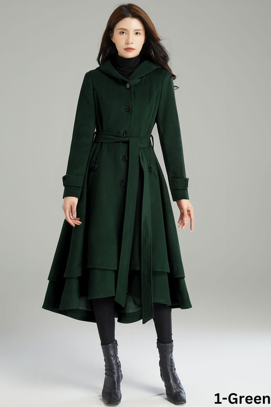 Winter Asymmetrical Green Hooded Wool Coat C4405