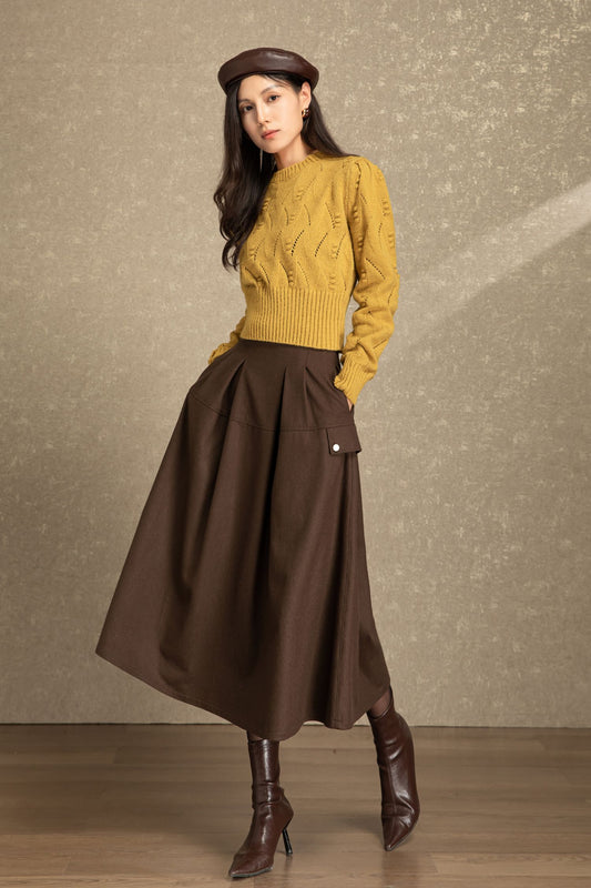 Brown midi winter wool skirt with pockets C4485