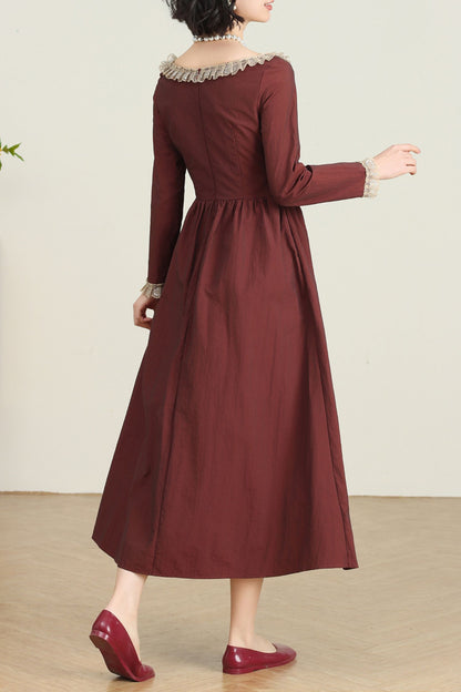 Women's Burgundy Princess linen dress C4735