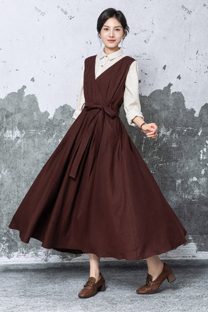 Brown Linen Maxi Dress - Sleeveless V-Neck with Tie Waist c5478
