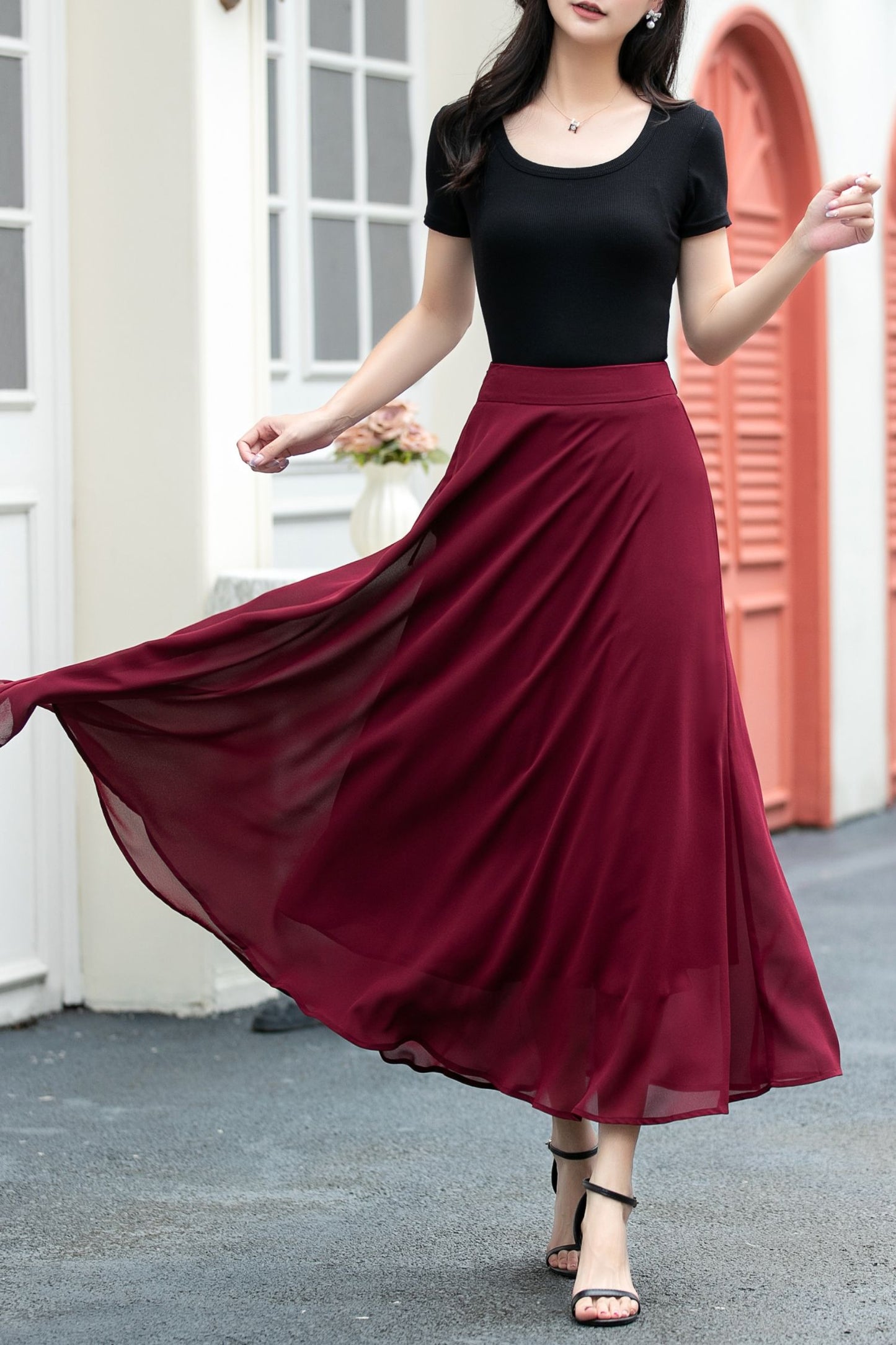 A line high waist long chiffon skirt C5037