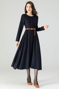 Navy Blue Midi Wool Dress C3616