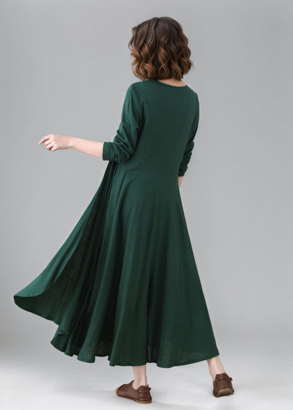 Green Asymmetrical Linen dress C5158