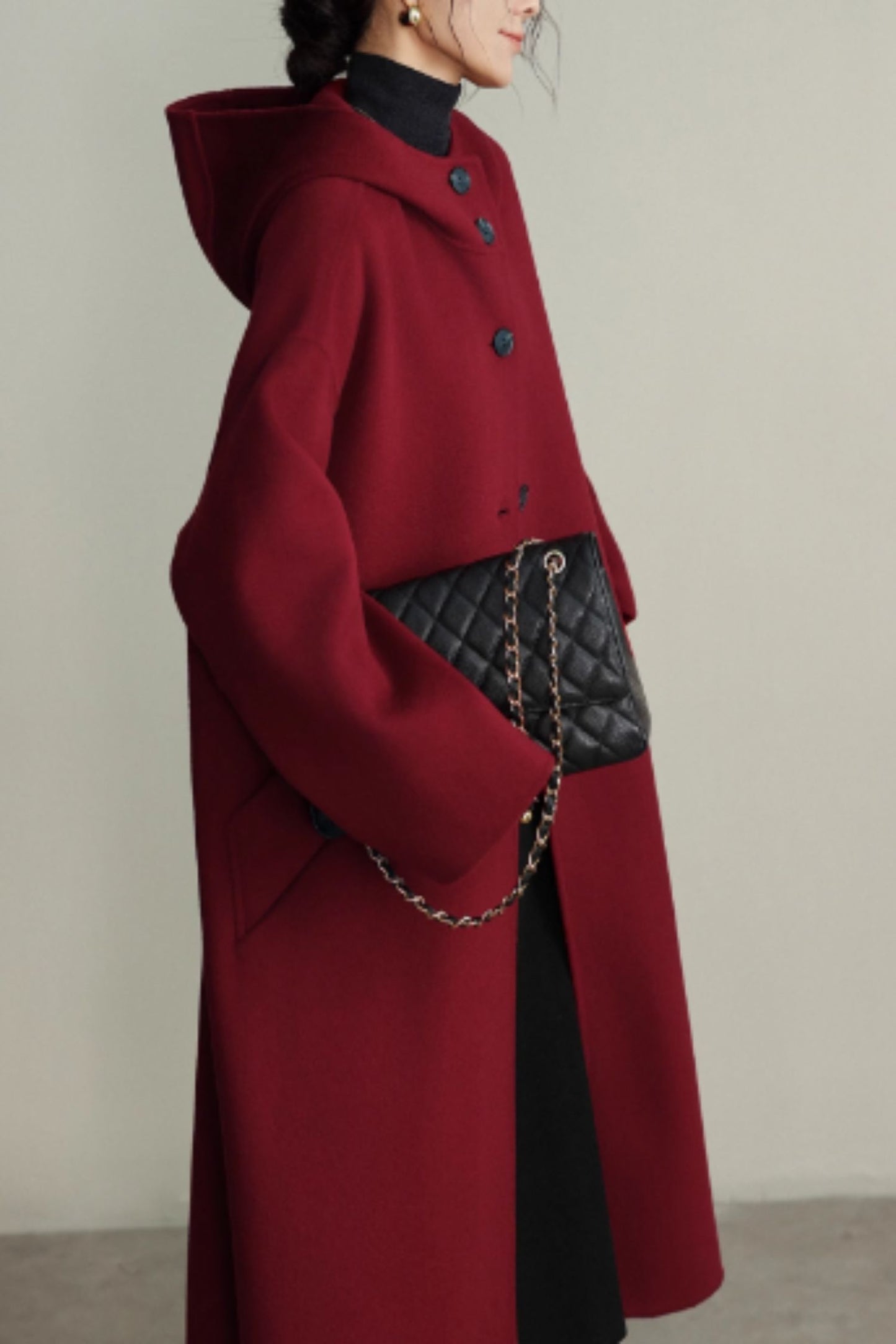 Burgundy hooded loose fitting wool coat C5355
