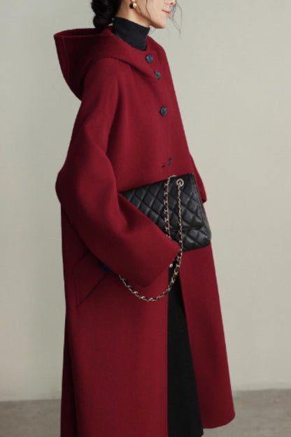 Burgundy hooded loose fitting wool coat C5355