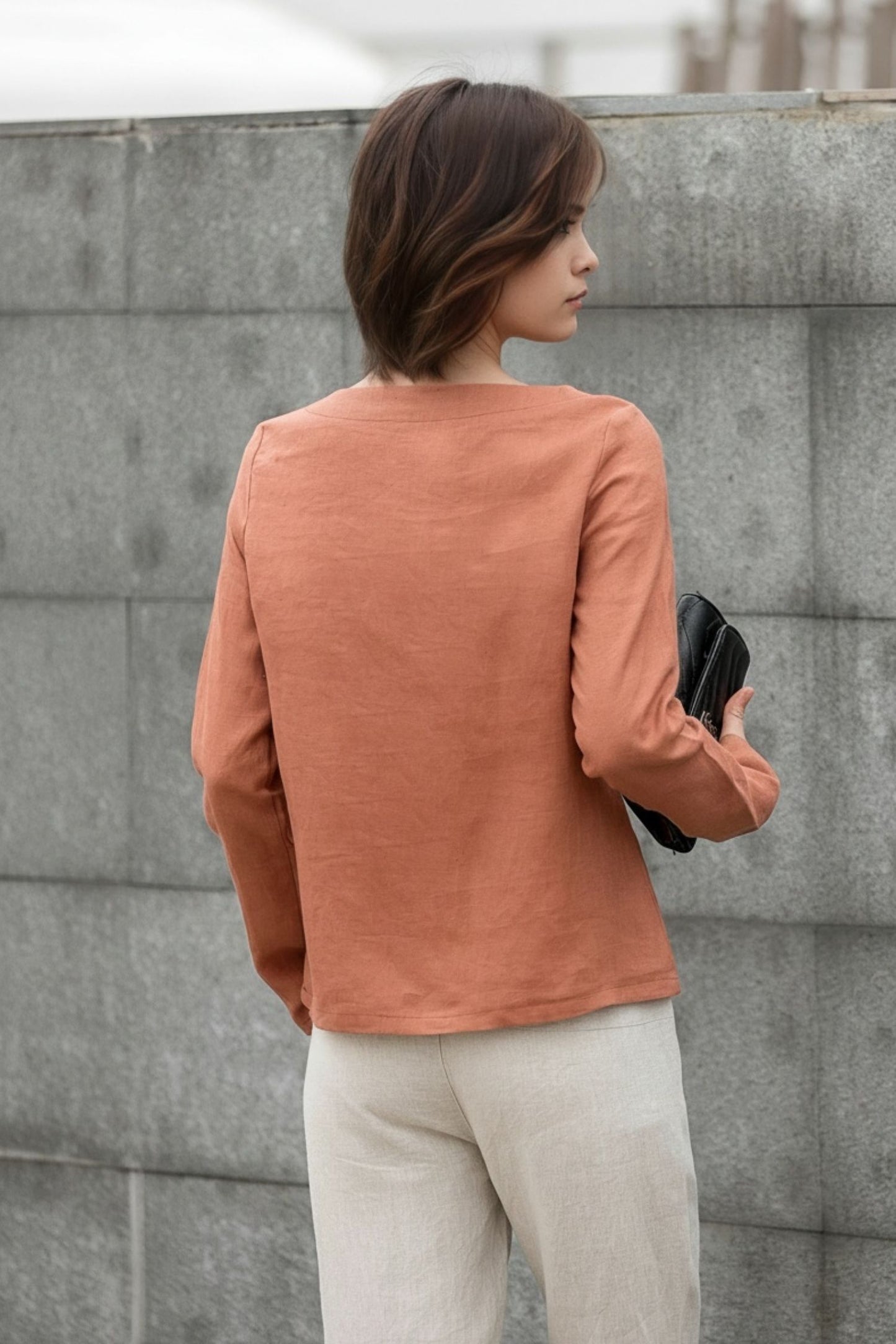 Orange Linen Blouse: Long Sleeve Boat Neck Relaxed Fit Women’s Top, Ylistyle C5409