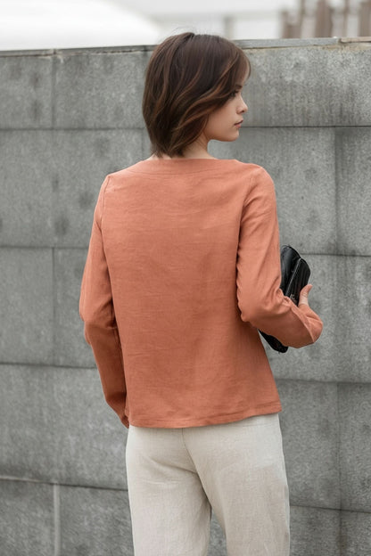 Orange Linen Blouse: Long Sleeve Boat Neck Relaxed Fit Women’s Top, Ylistyle C5409