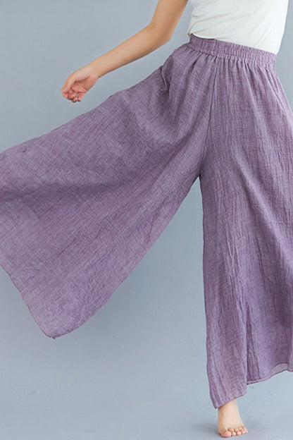 Dark Blue Cotton Linen Wide-Leg Pants - Elastic Waist, Lined TT0053