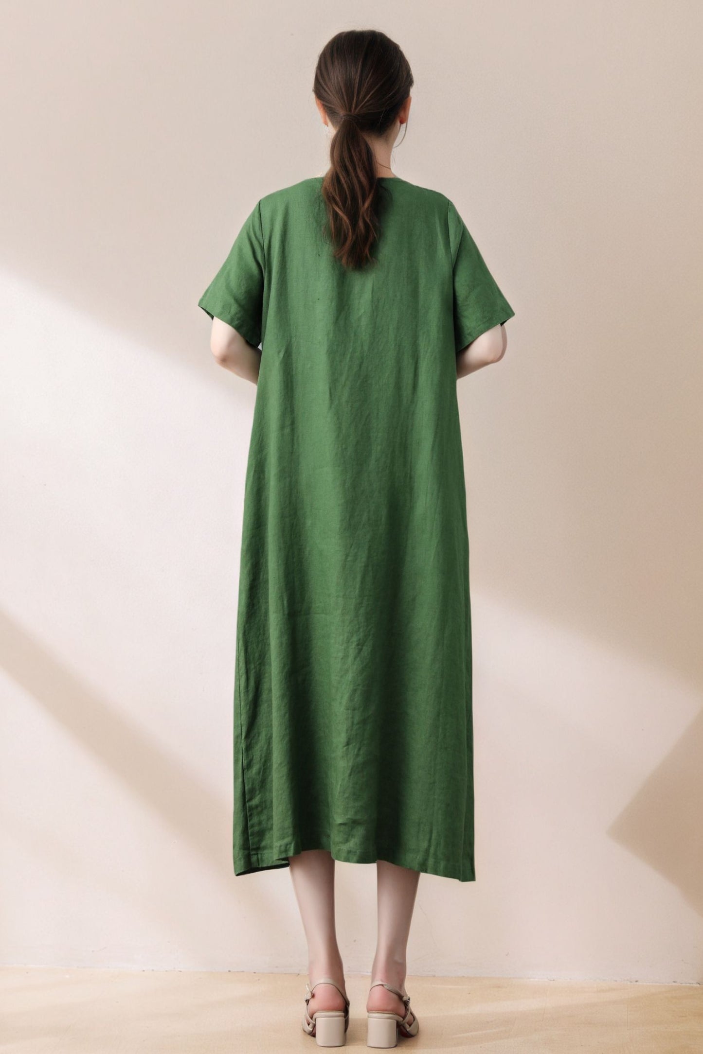 Light Green Linen Dress - Loose Fit Midi with Drawstring Detail c5390