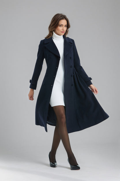 Double breasted Navy Blue Wool Coat C5136