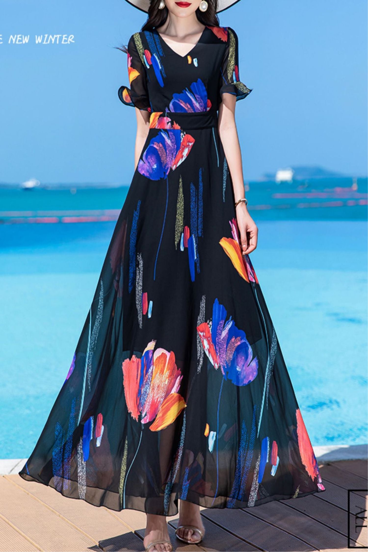 white christmas dresses Aconiconi Luxury French Printed Loose Long Chiffon Summer Dress- Green Field Sunny Wind S (XS-M Wearable) / Floral