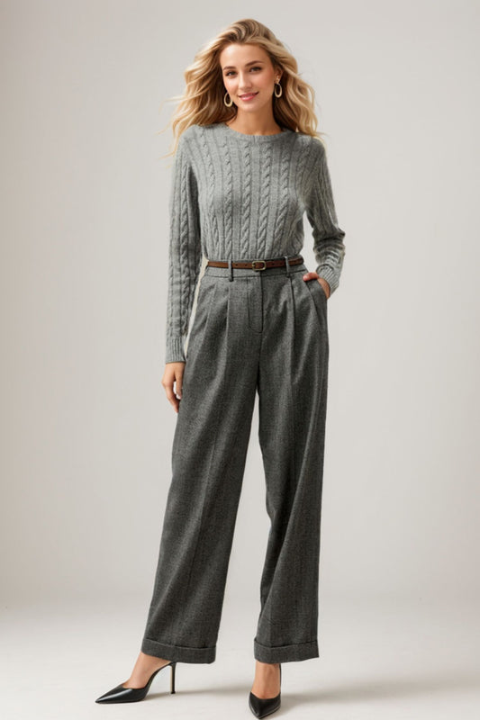 Plaid wide leg winter wool pants women TT0139