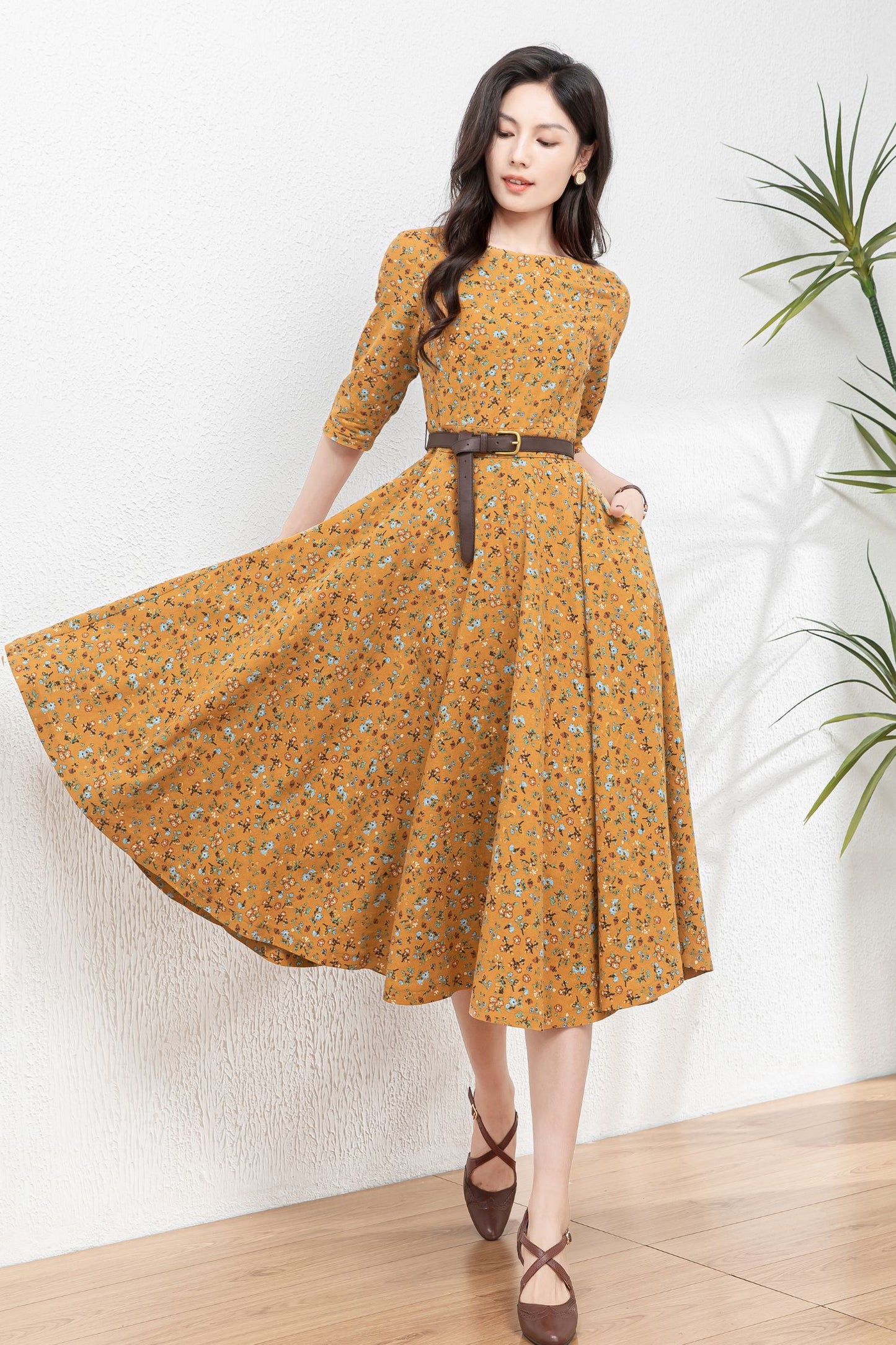 Floral swing linen dress women C4768