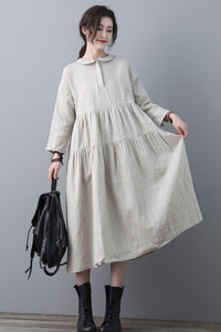 Loose Linen Midi Oversized Long Sleeve A line Dress with Pocket C1848