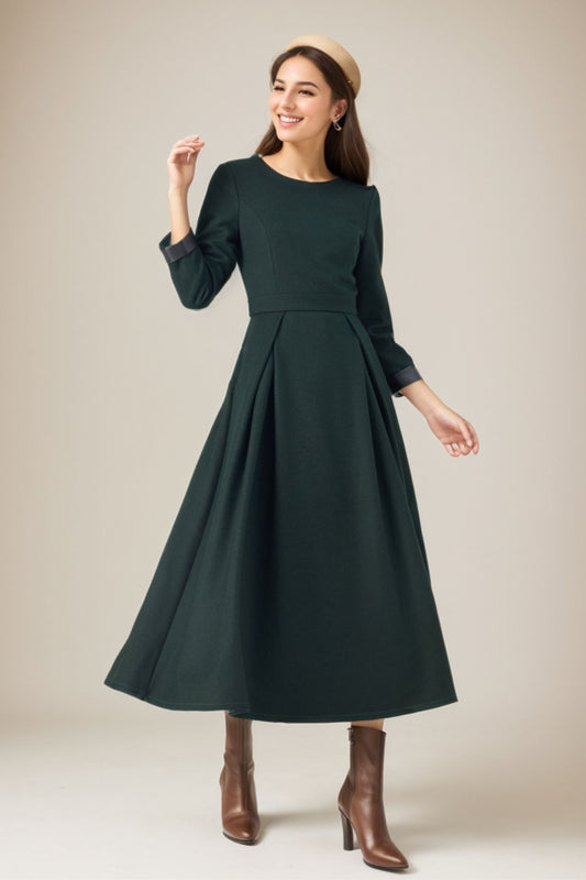 Womens Winter Green Midi Wool Dress C4325