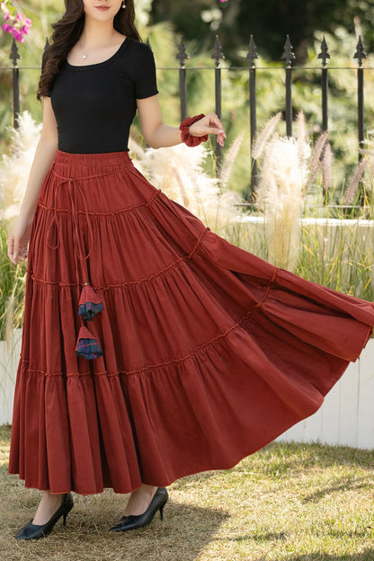 Rust Corduroy Tiered Maxi Skirt – Elastic Waist Boho Pleated Skirt C5436