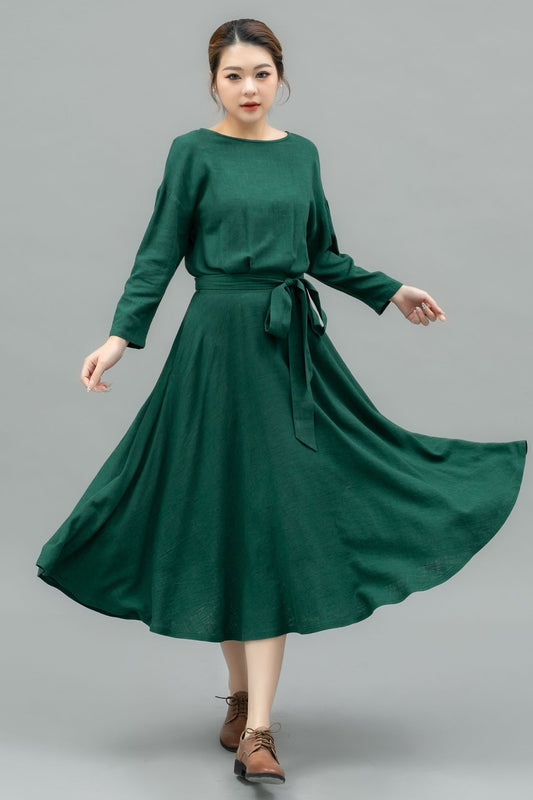 Elegant Green Linen Midi Dress C4740