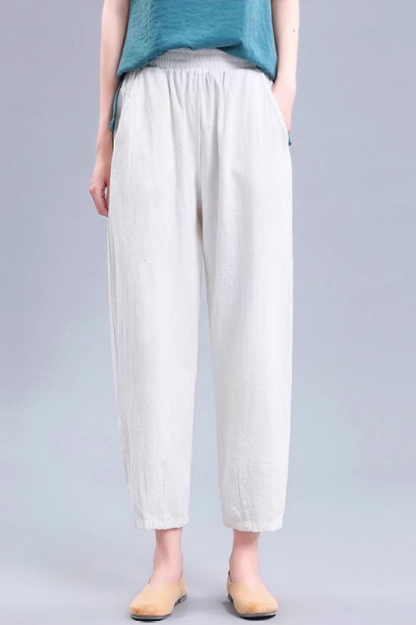 Elastic waist loose fitting linen pants C4434