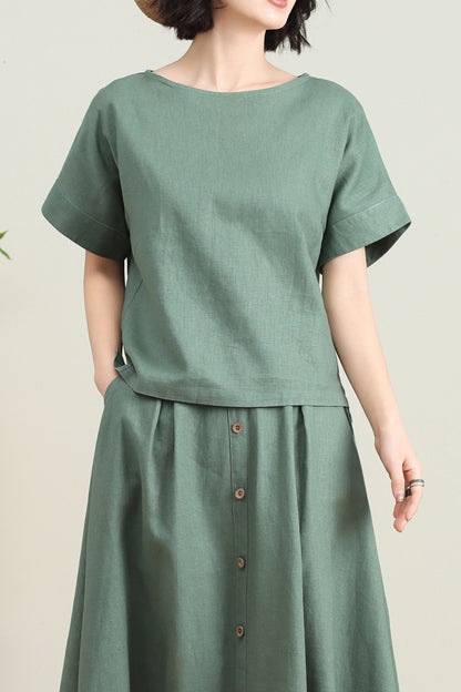 Green casual linen summer blouse C4727