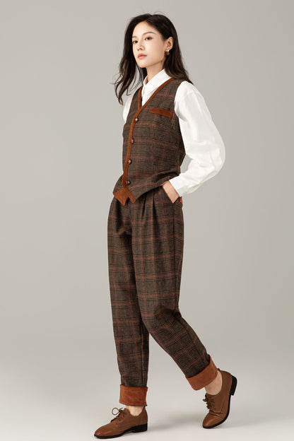 Brown Plaid Wool Suit Set, Wool vest and Wool pants C5248